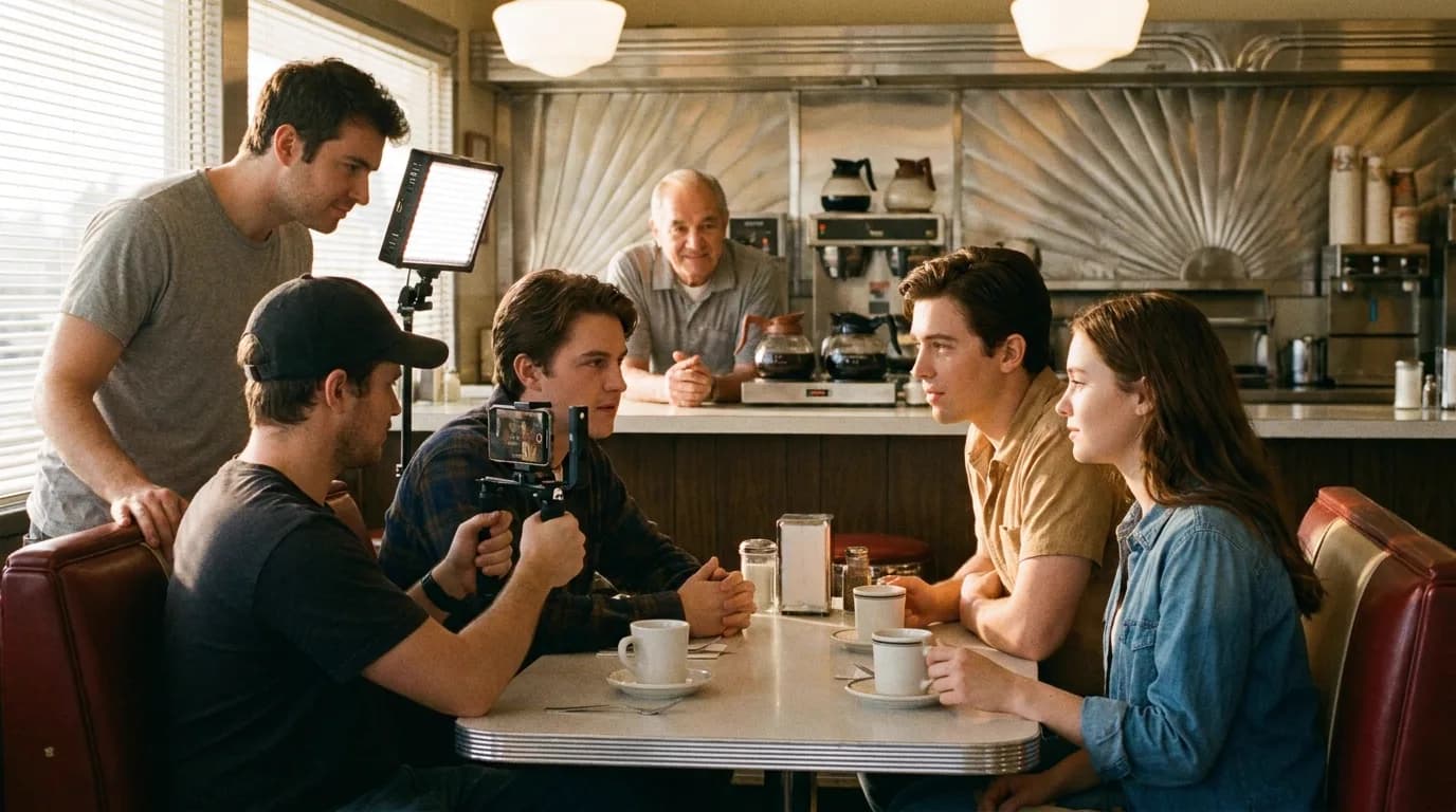 A diner booth in warm morning light, a two-person crew filming with a smartphone on a small vertical rig and a single LED panel, a young actor and actress across the table mid-scene, the diner owner watching from behind the counter, cinematic still