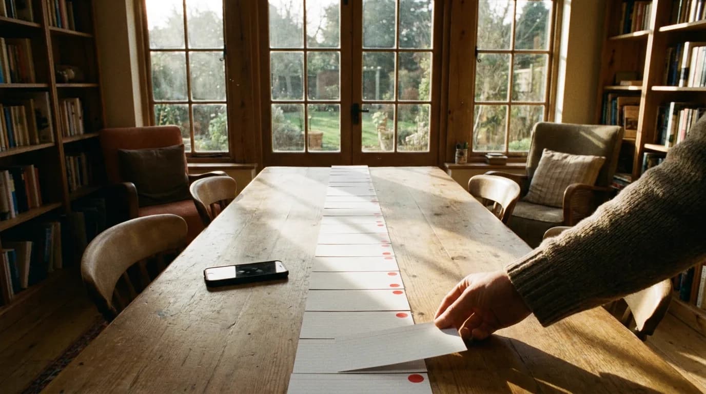A long wooden writers' room table in morning light with a single tall column of white index cards running its whole length, red dots on some cards, a smartphone laid beside the column for scale, a hand placing a card, cinematic still