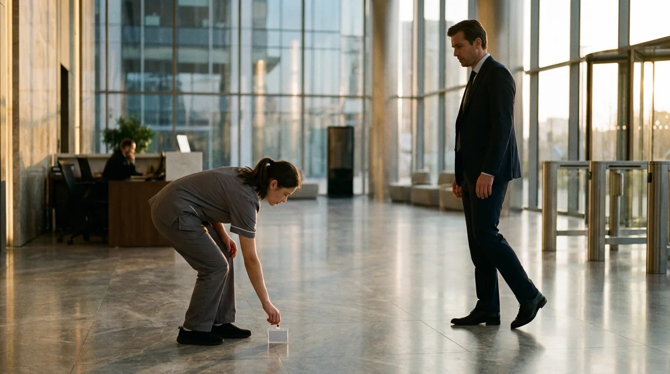 A marble lobby of a glass tower at dawn, a young cleaner in a grey uniform bending to pick up a dropped executive ID badge, a tall man in a dark suit stopped mid-stride watching her, cinematic still