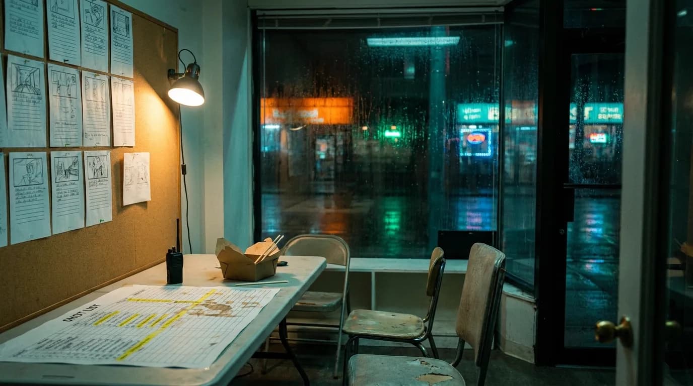 A rented storefront turned production office on a rainy night, a wall of pinned storyboard panels lit by a clamp lamp, a laminated shot list on the long table covered in highlighter marks beside a walkie-talkie and a cold takeout box, the street lights smeared across the wet window, cinematic still