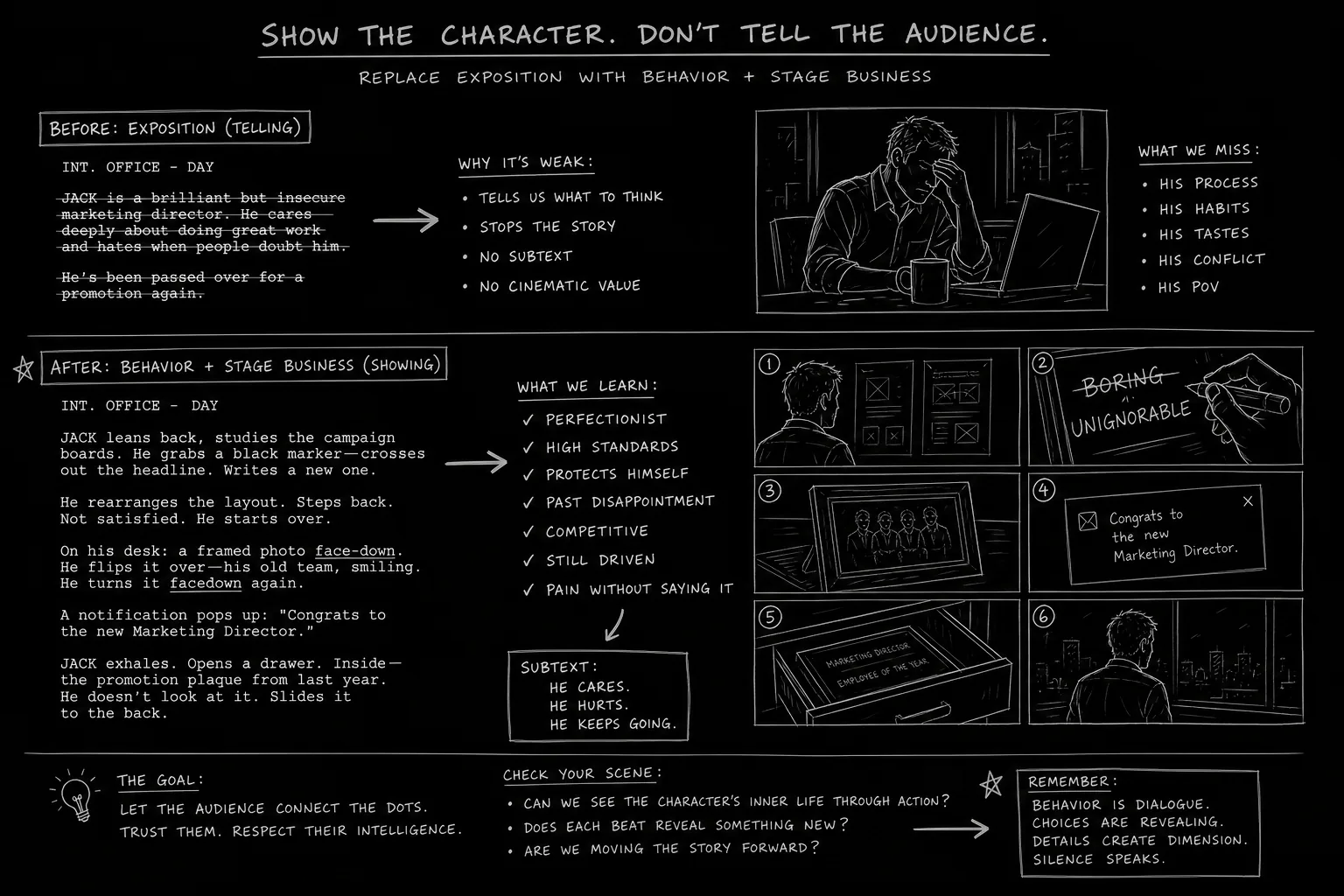 Dark mode technical sketch: action line markup replacing exposition with behavior, thin white lines on solid black