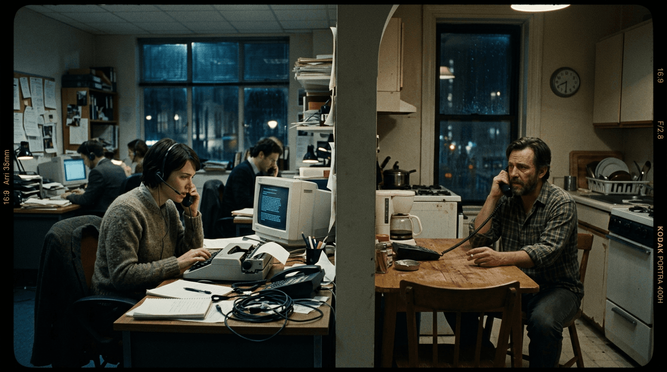 Cinematic workflow still, first angle, 35mm film grain