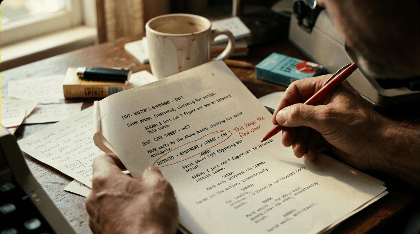 Cinematic workflow still, second angle, 35mm film grain