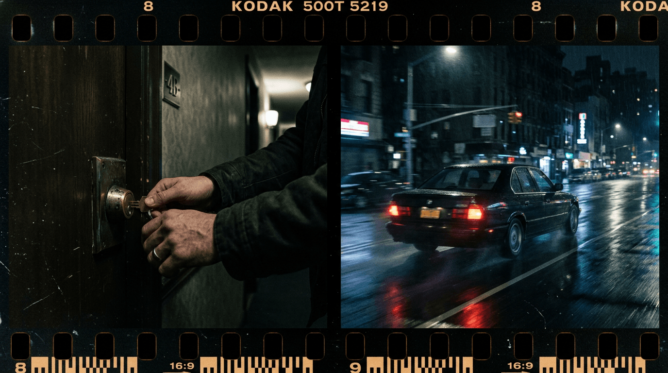 Cinematic 35mm film still: cross-cut tension between two locations