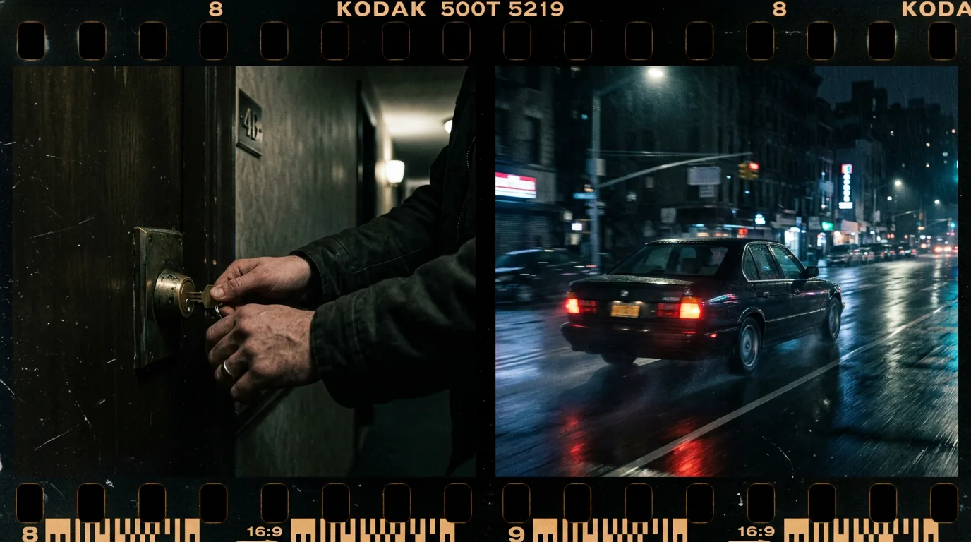Cinematic 35mm film still: cross-cut tension between two locations