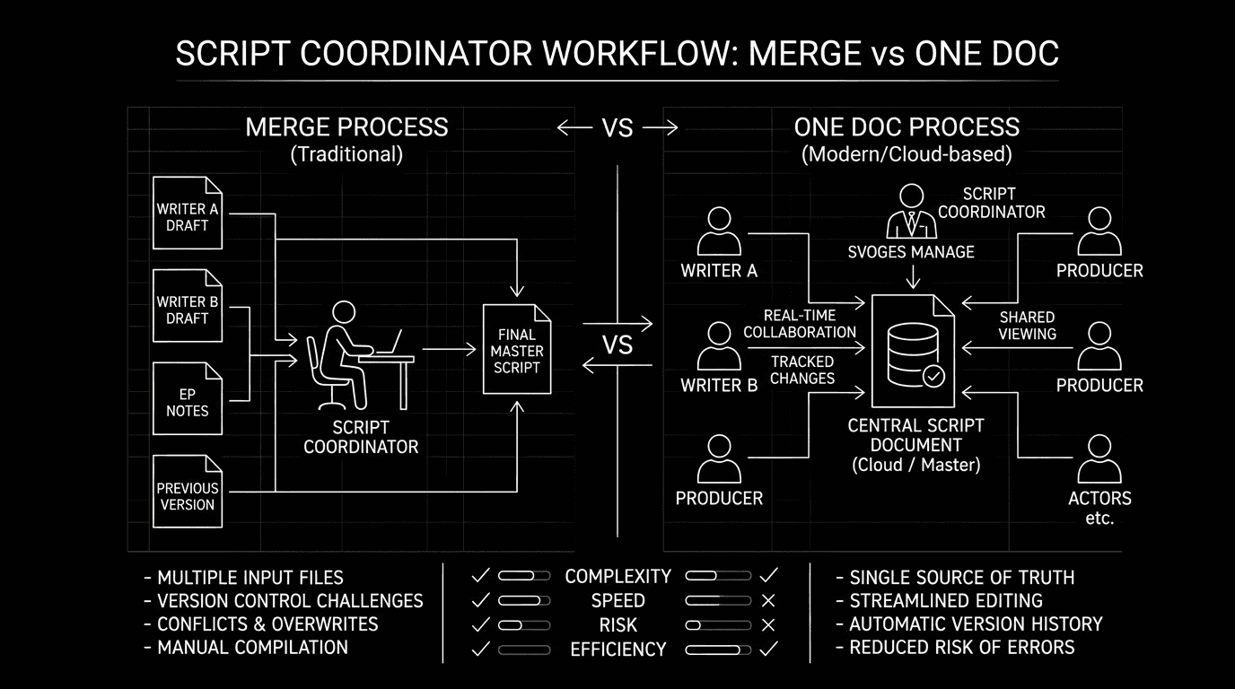 Dark mode technical sketch: script coordinator; merge vs one doc