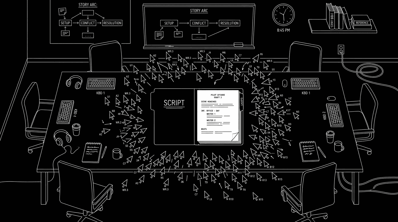 Dark mode technical sketch: writers' room; one script; many cursors
