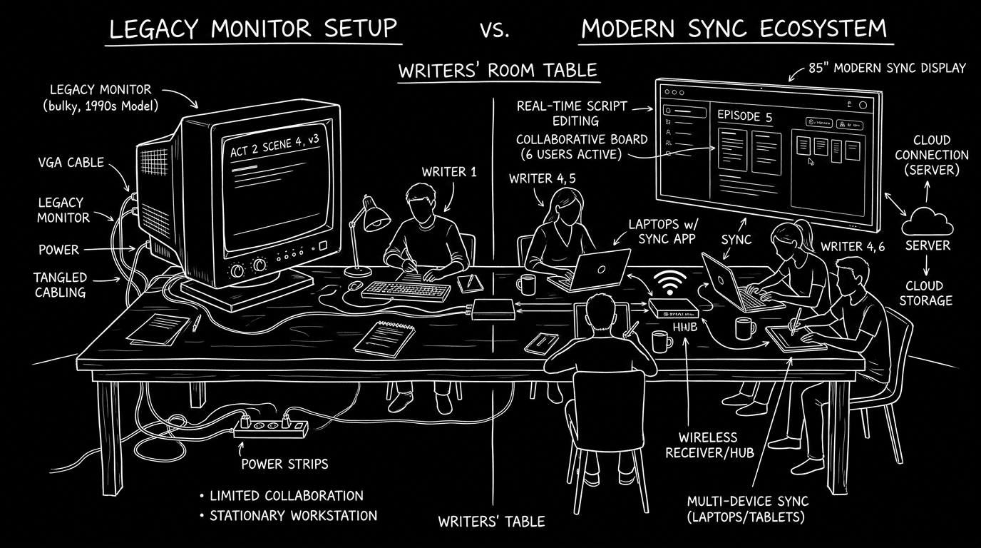 Dark mode technical sketch: writers' room; legacy vs modern sync; thin white lines on black