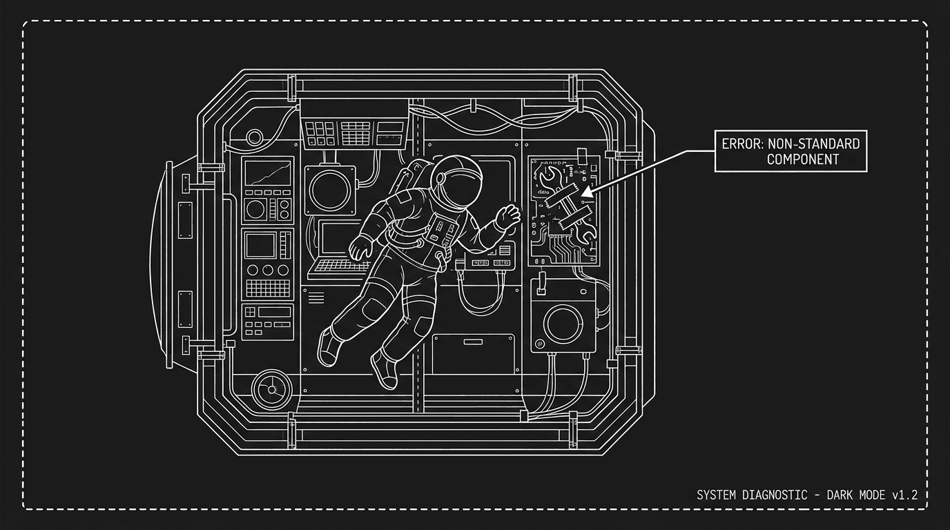 Character in a space with one wrong detail highlighted; dark mode technical sketch