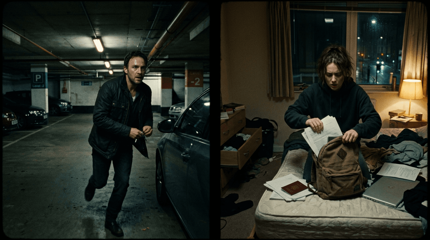 Cinematic workflow still, first angle, 35mm film grain