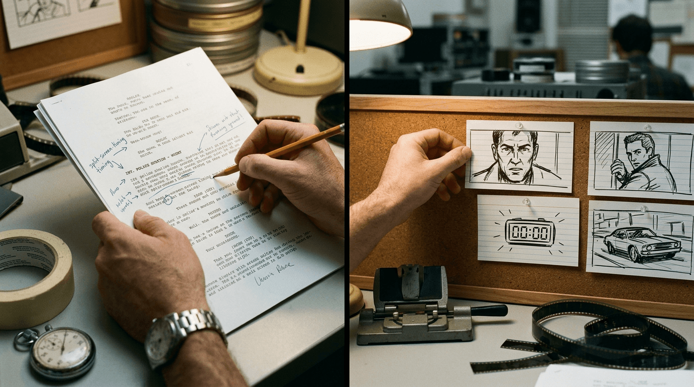 Cinematic workflow still, second angle, 35mm film grain