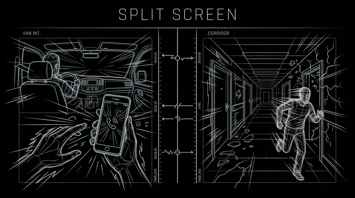 Dark mode technical sketch: script showing split-screen formatting with two simultaneous locations; thin white lines on black