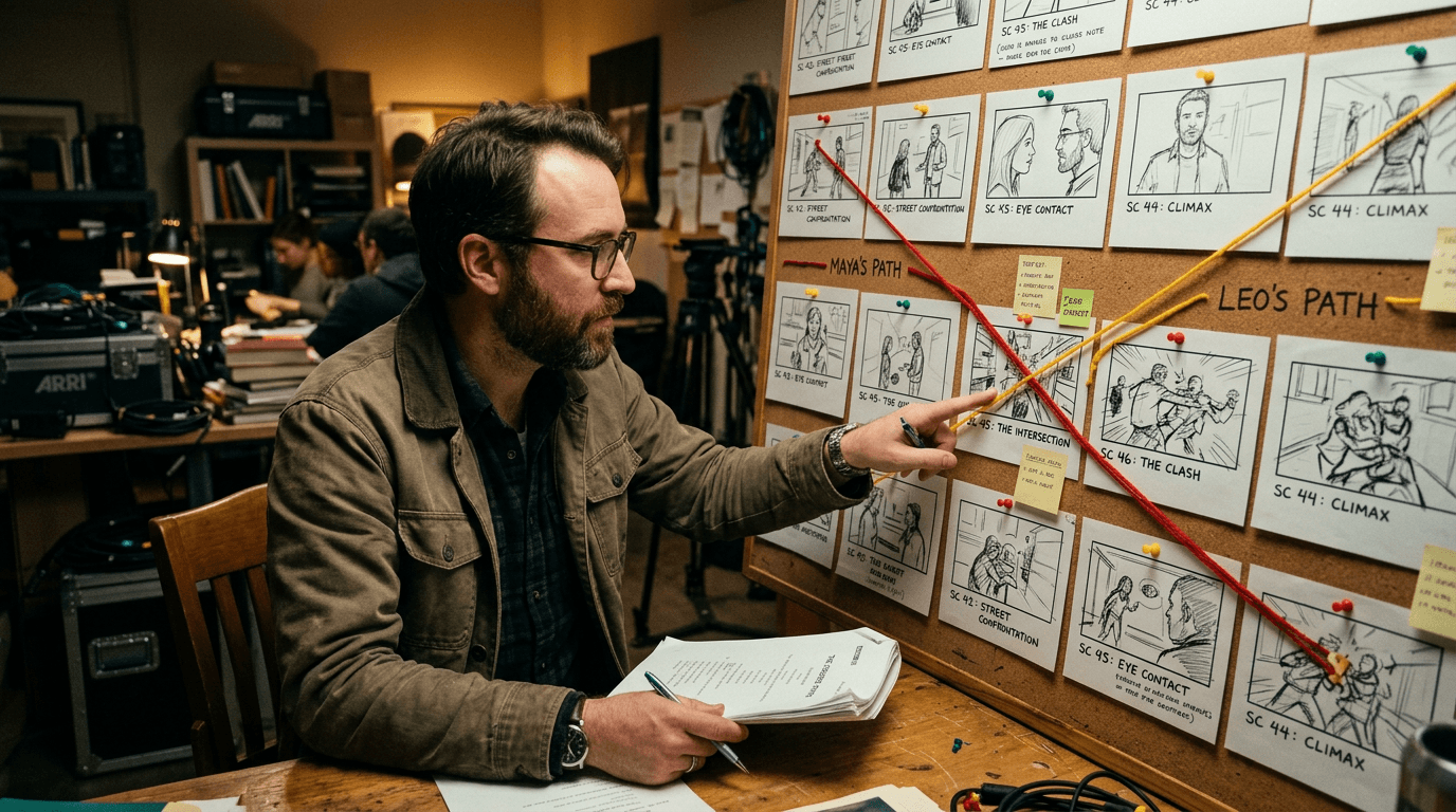 Corkboard storyboard with strings; cinematic film still