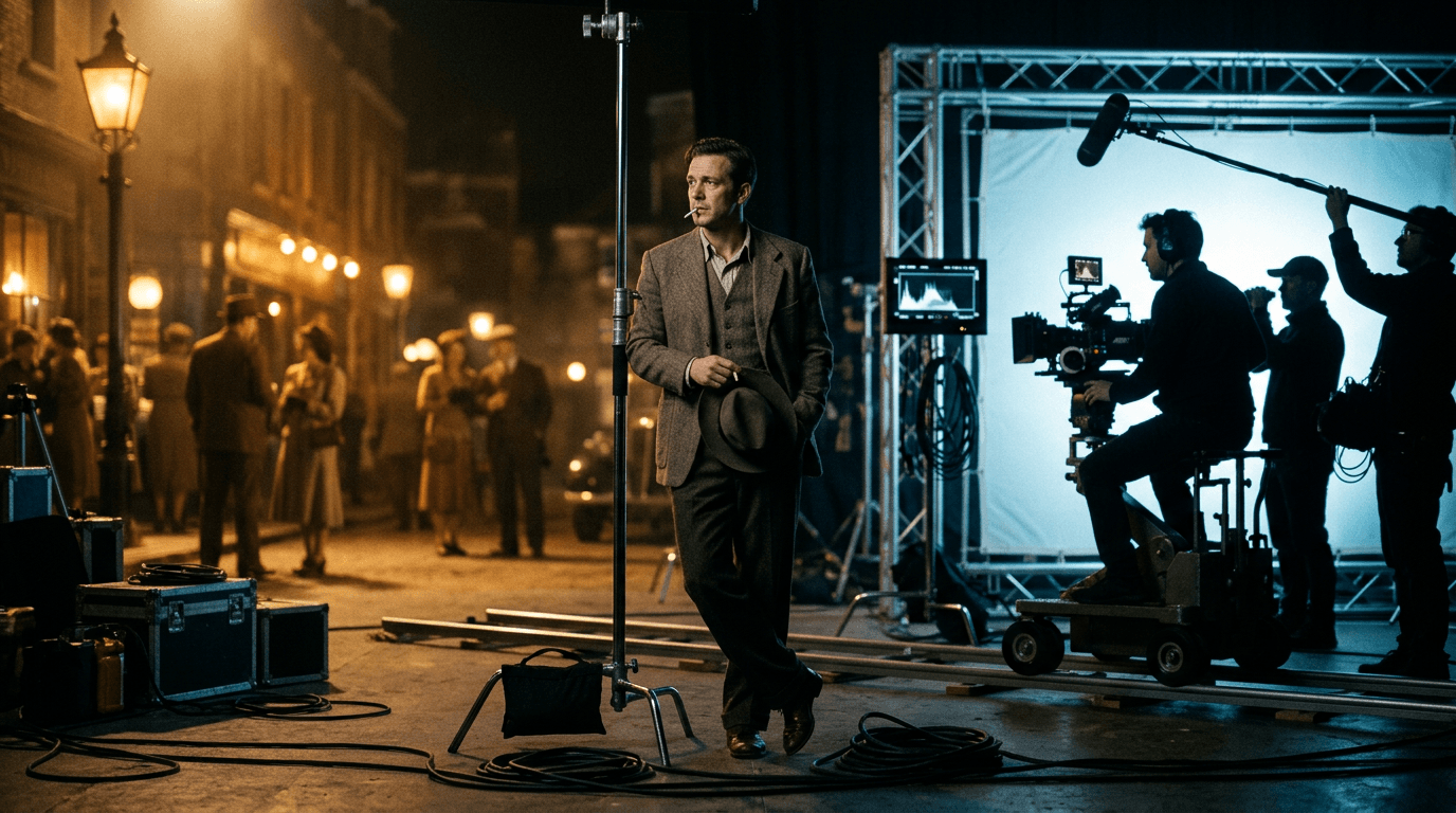 Set with warm and cool lighting; cinematic film still