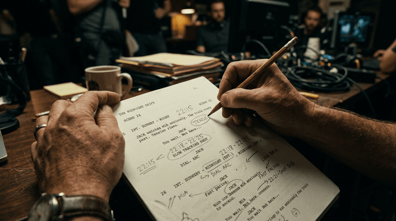 Cinematic workflow still, second angle, 35mm film grain