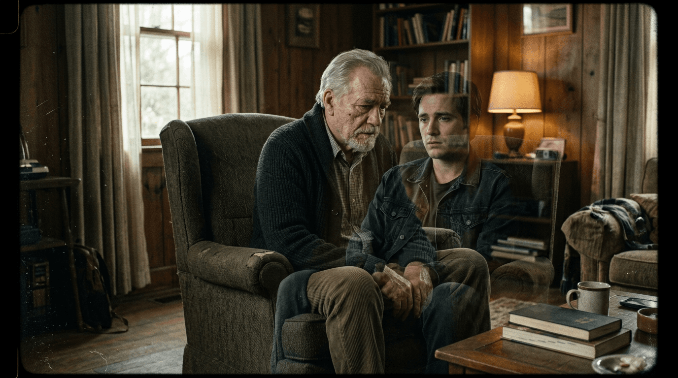 Cinematic 35mm film still: layered time fracture in one room