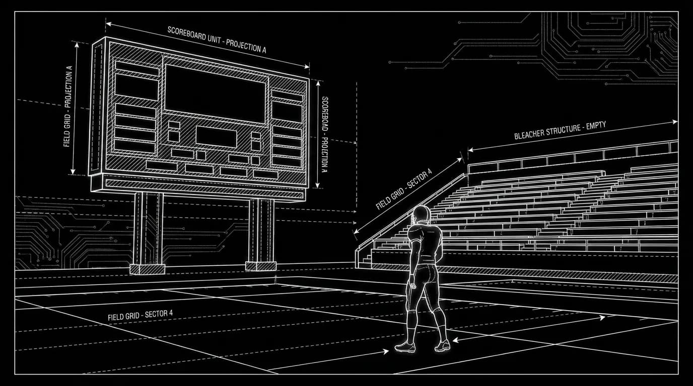 Lone athlete on a dimly lit field facing an enormous scoreboard and empty stands in thin white lines on black