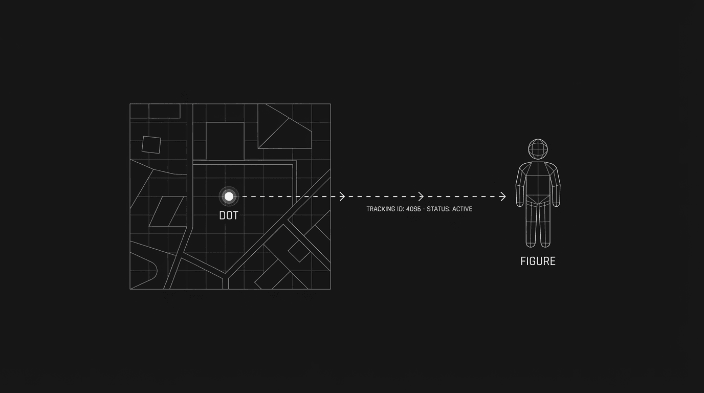Map, dot, and figure in space; dark mode technical sketch
