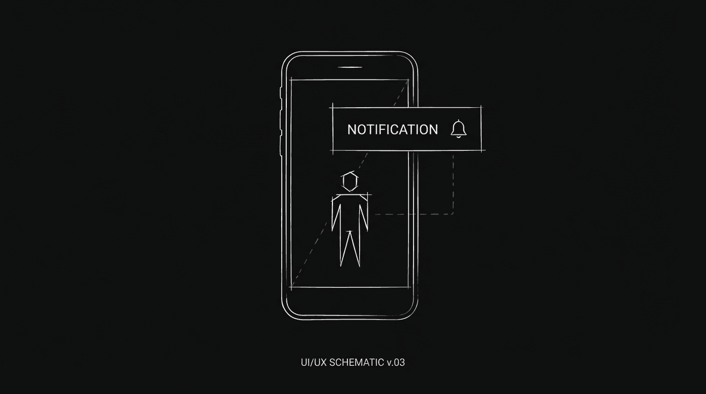 Phone screen, notification, figure; dark mode technical sketch