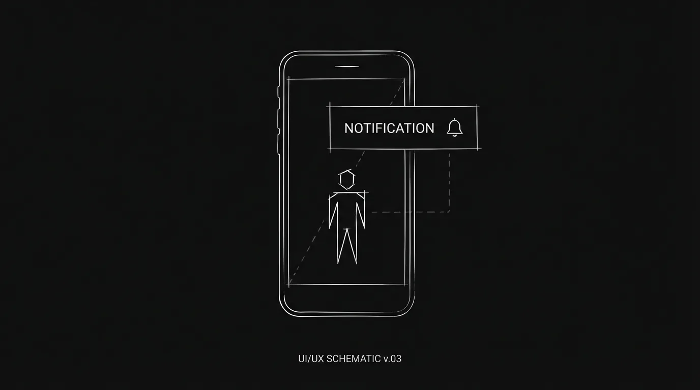 Phone screen, notification, figure; dark mode technical sketch