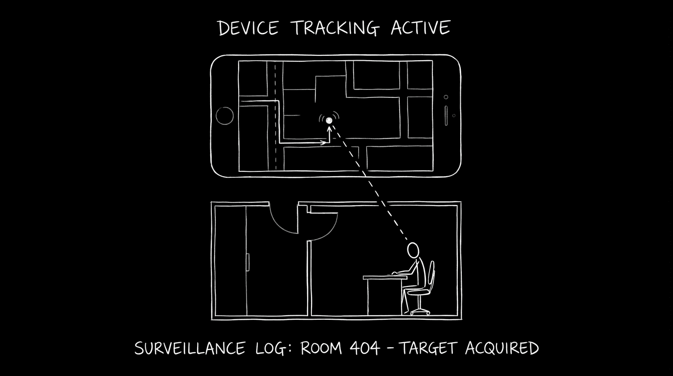 Phone, map, dot, figure; dark mode technical sketch