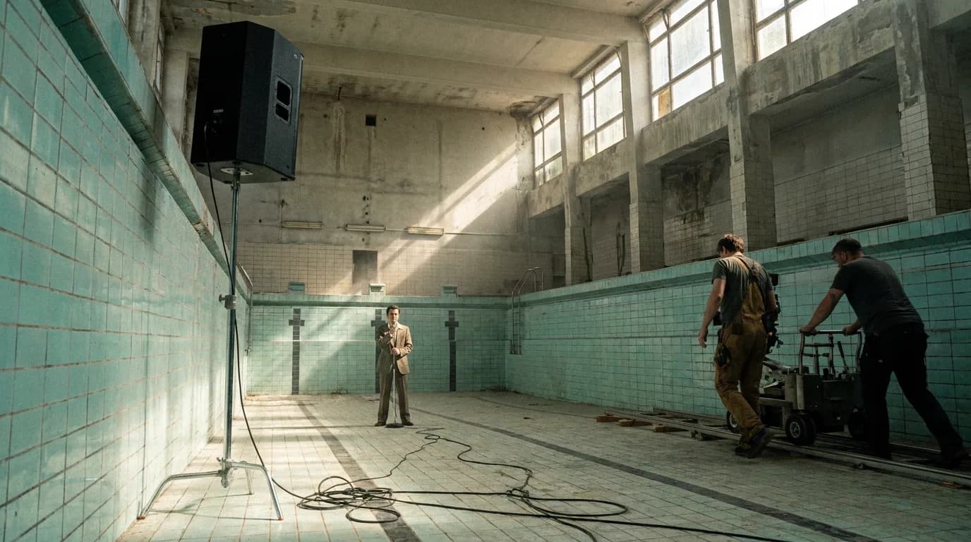 A music video shoot inside a drained mid-century indoor swimming pool, a performer standing alone on the tiled deep end while a small crew pushes a dolly along the shallow end, cinematic still
