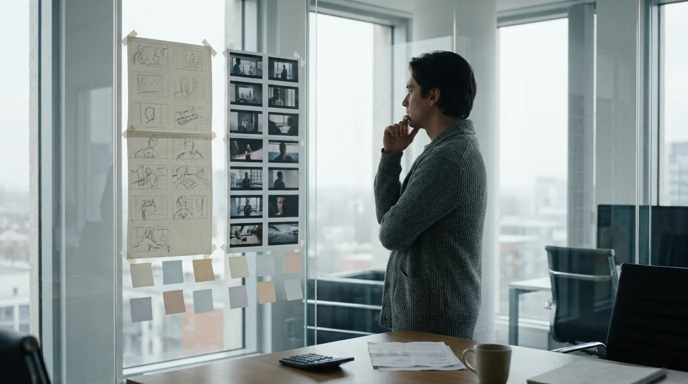 A line producer in a grey cardigan standing in a glass-walled meeting room at midday, comparing two columns of storyboard panels taped to the glass, hand-drawn pencil frames on the left and printed photoreal generated frames on the right, blank coloured tags under each column, a calculator and a folded invoice on the table, flat overcast daylight, cinematic still