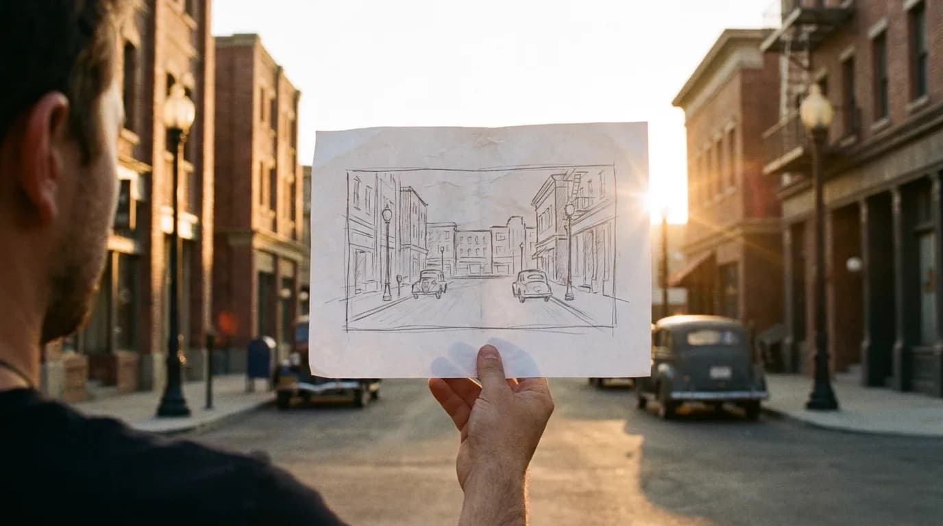 A director's hand holding a printed storyboard frame up against a real backlot street at sunset, the drawn framing matching the scene behind it, cinematic still