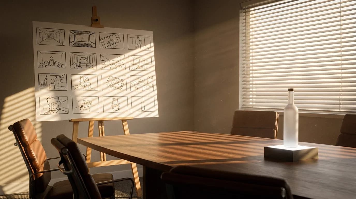 An advertising agency presentation room in late afternoon, a foam-core board of hand-drawn widescreen storyboard frames standing on a wooden easel, blinds striping the walnut table and an unbranded bottle lit on a small riser, cinematic still