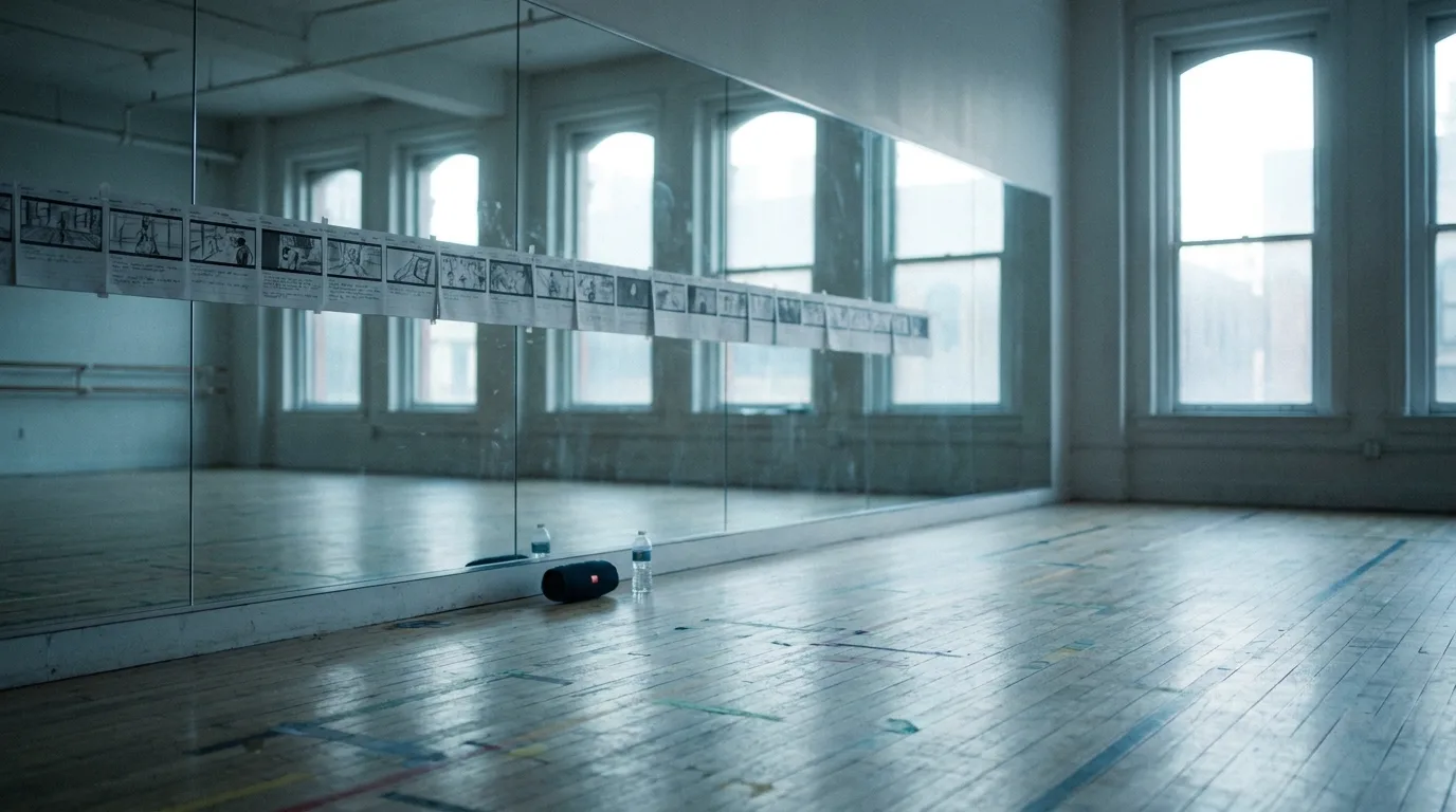 A dance rehearsal studio with a mirrored wall in morning light, a printed strip of storyboard panels taped along the mirror above gaffer-tape floor marks, a portable speaker on the pale wood floor, cinematic still