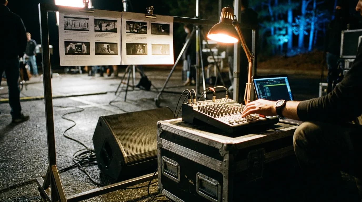 A playback rig on a night location: a laptop and a small audio mixer on a road case with a wedge speaker on the wet asphalt, printed storyboard pages clipped to a stand beside them, a hand resting on the mixer faders, cinematic still