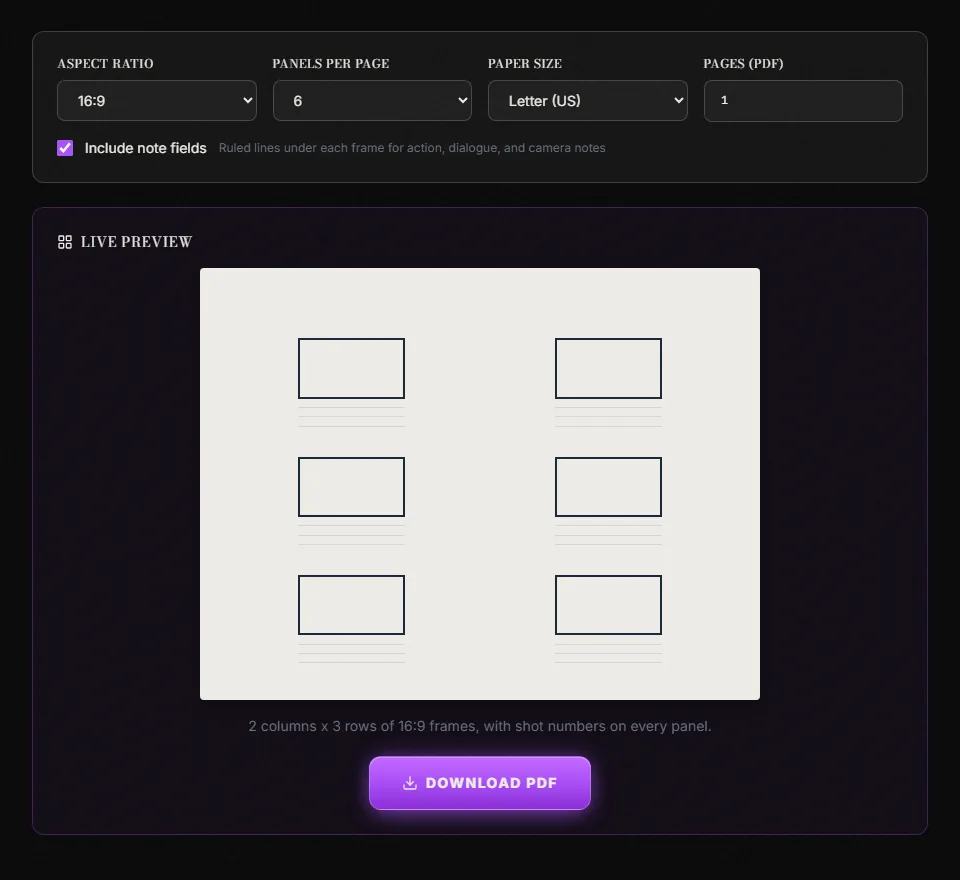 The storyboard template generator controls set to 16:9, six panels per page and Letter, above a live preview showing two columns by three rows of 16:9 frames with ruled note lines