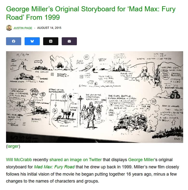 Laughing Squid post from August 2015 showing George Miller's original Fury Road story map dated 15 March 1999, a single hand-drawn sheet of small sketches and notes tracing the chase from the Citadel to the final battle