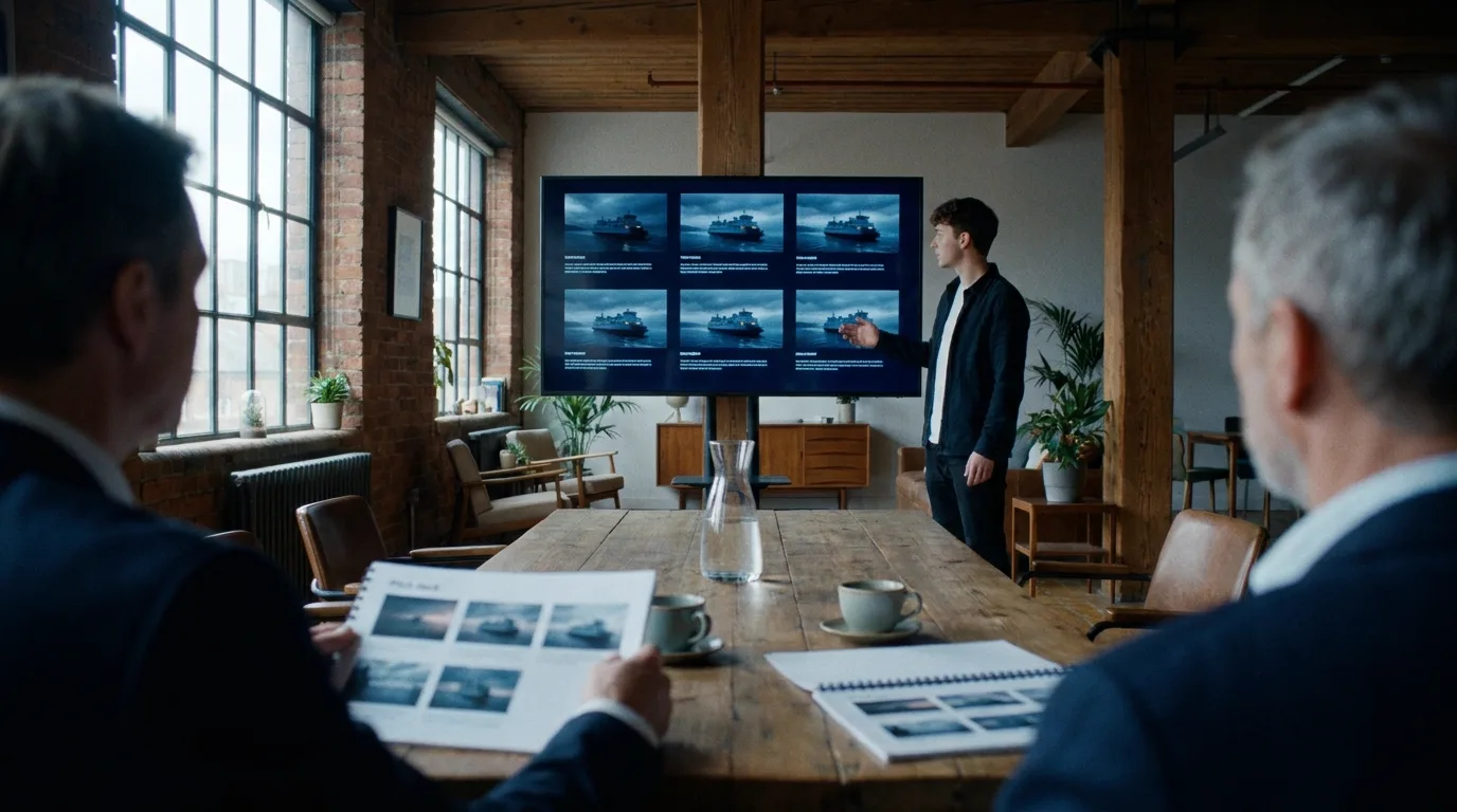 A film pitch in progress in a brick loft office, seen over the shoulders of two seated executives with printed decks, while a young director stands beside a wall screen showing one slide with a grid of six storyboard panels of a ferry at dusk, cinematic still