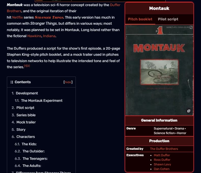 The Stranger Things wiki entry for Montauk, the show's original title, with the paragraph stating that the Duffers pitched a first episode script, a 20-page Stephen King-style pitch booklet and a mock trailer, beside the booklet cover styled as a worn paperback with a fallen bicycle