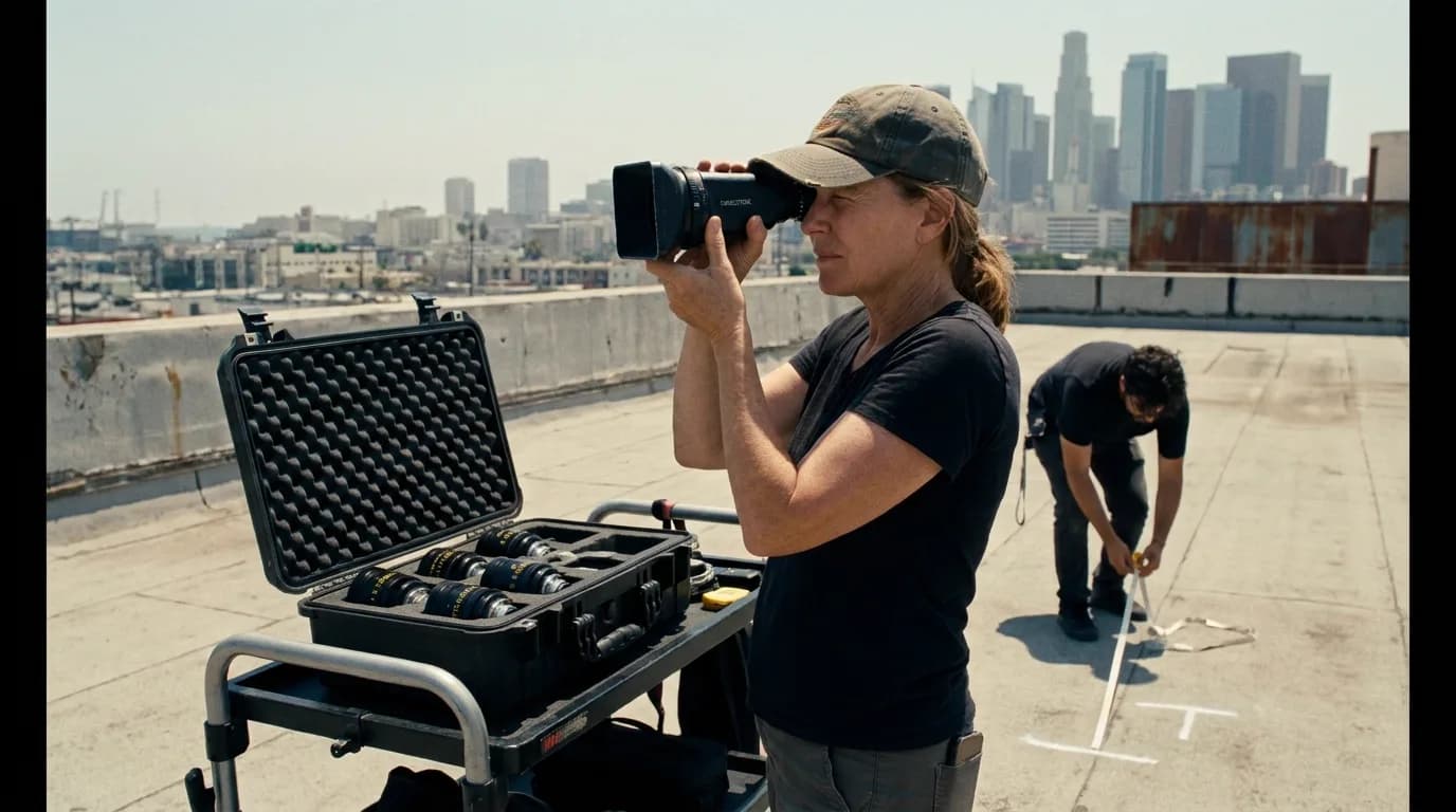 A director of photography on a sun-bleached rooftop at midday holding a director's viewfinder to one eye while a focus puller unspools a tape measure toward a chalk mark, an open case of prime lenses on the camera cart beside her, cinematic still