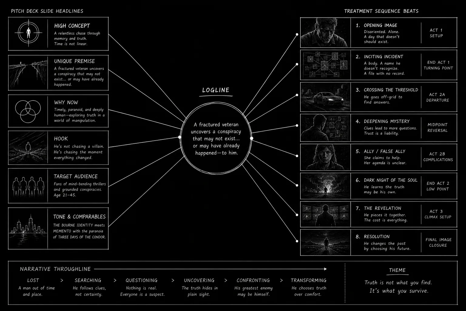 Aligned logline hub connecting deck slides and treatment sequence beats; dark mode technical sketch