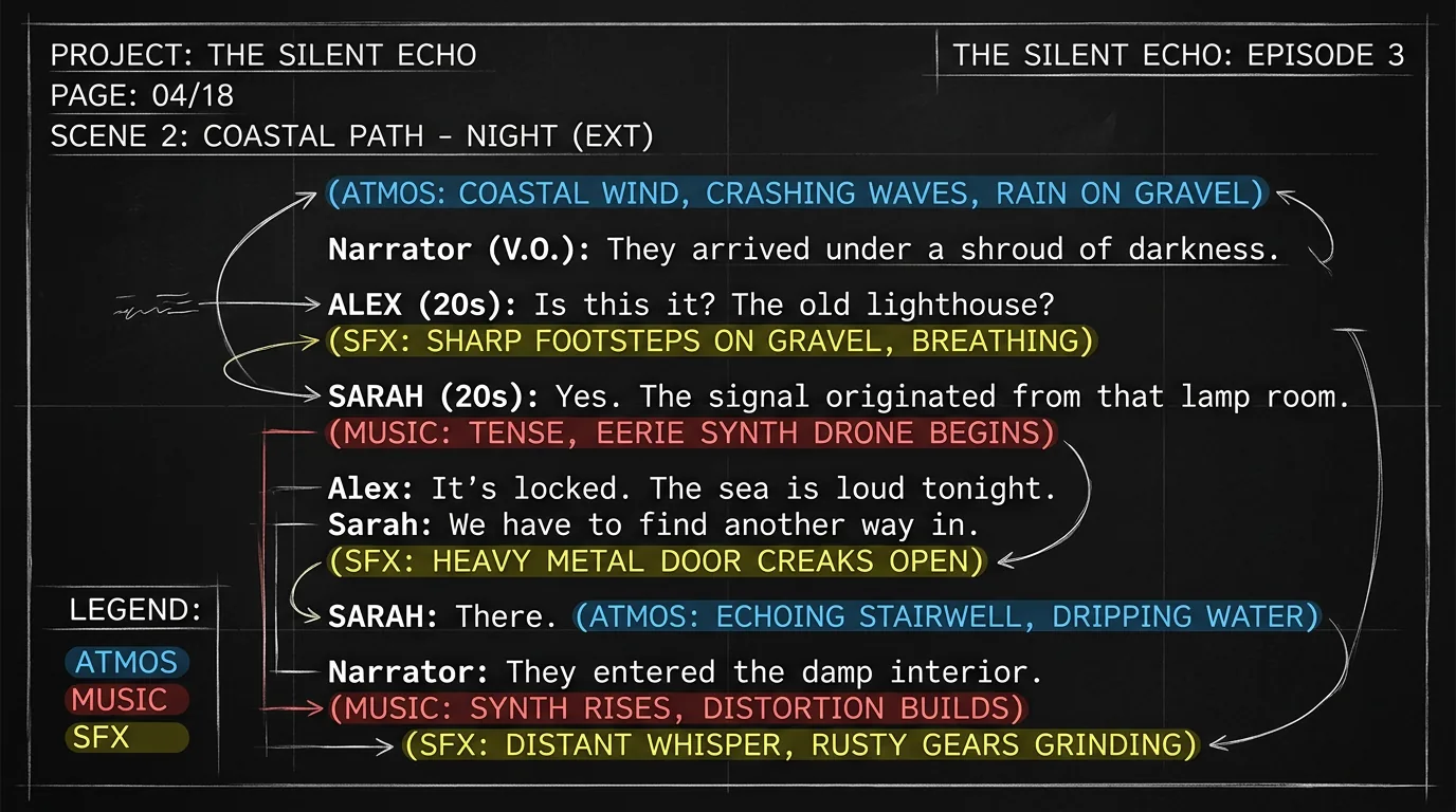 Audio script page with sound cues annotated; dark mode technical sketch, thin white lines on black background