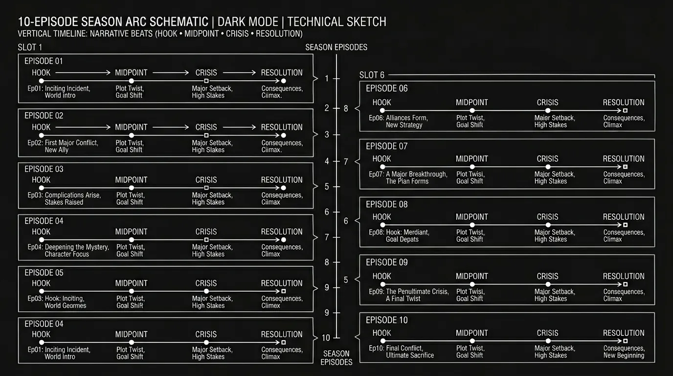 A ten-episode arc outline with beat markers; dark mode technical sketch, thin white lines on black background