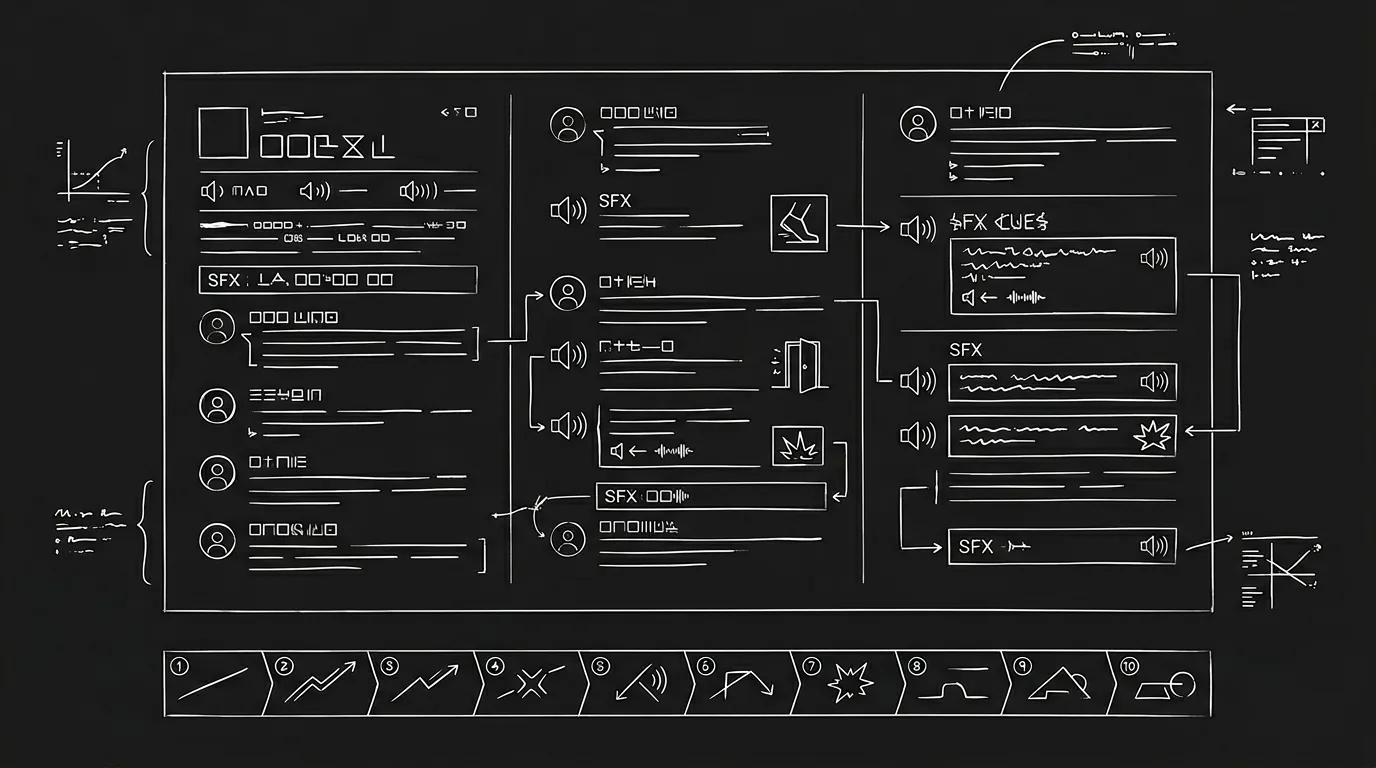 Dark mode technical sketch: audio drama script with sound cues and episode breakdown; thin white lines on black