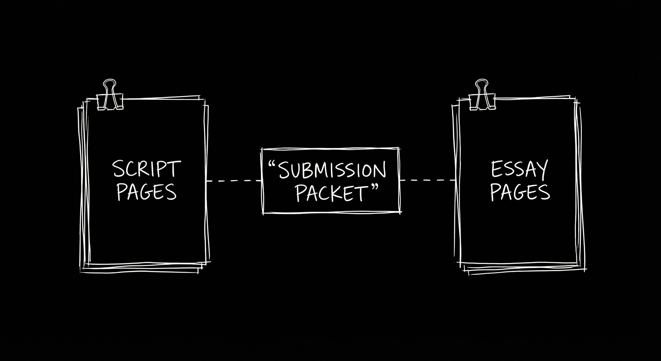 Script and essay pages in a submission packet; dark mode technical sketch