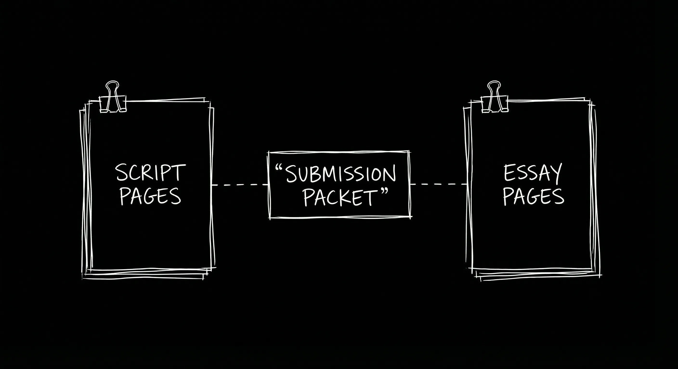 Script and essay pages in a submission packet; dark mode technical sketch