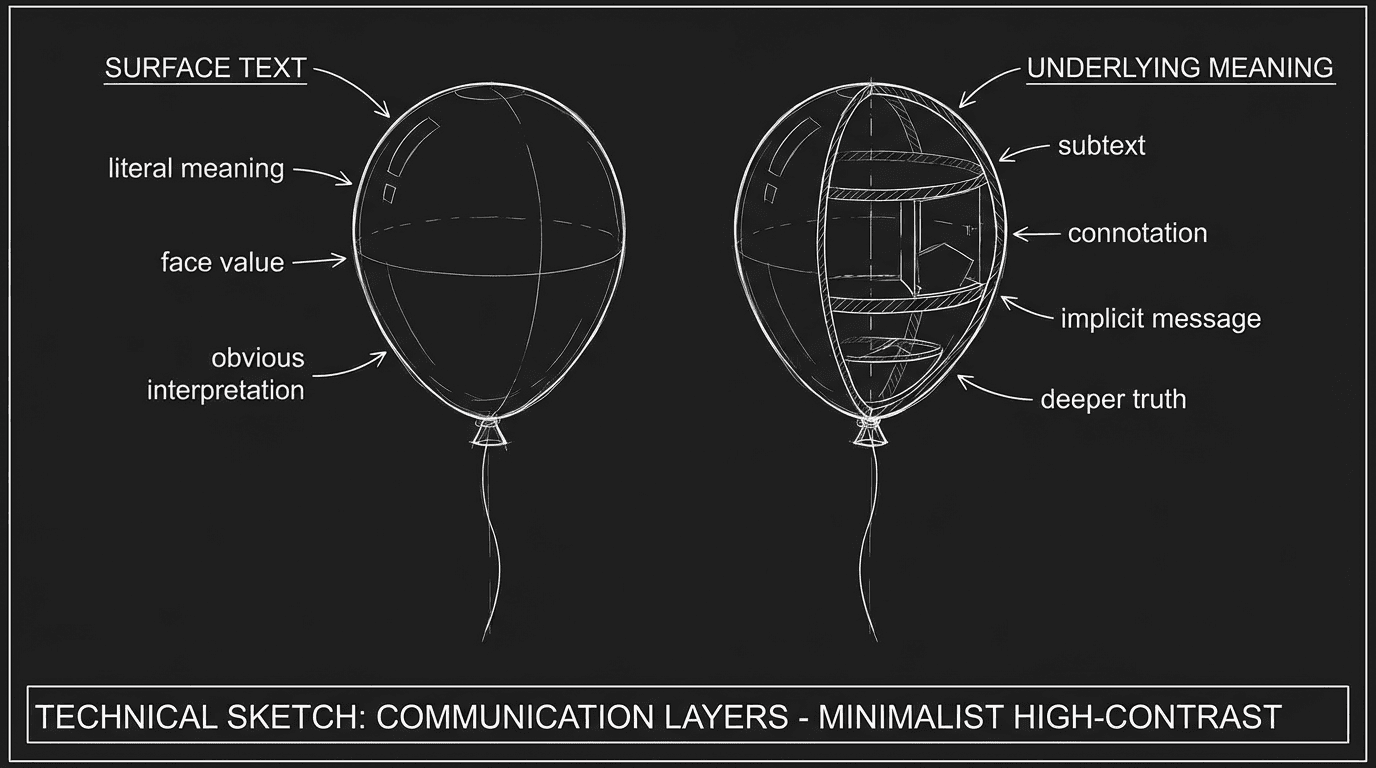 Two dialogue balloons: surface text and underlying meaning; dark mode technical sketch