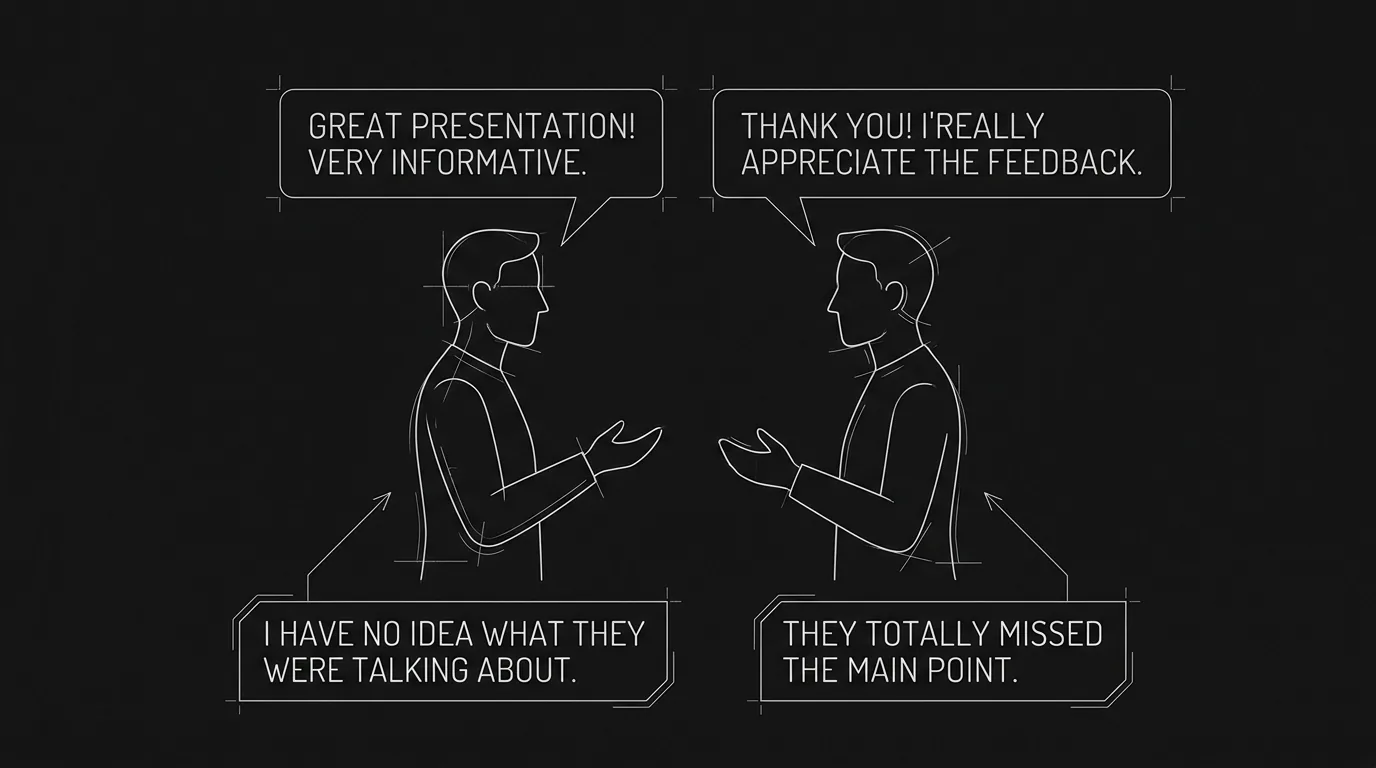Subtext: two figures talking; words and meaning; dark mode technical sketch