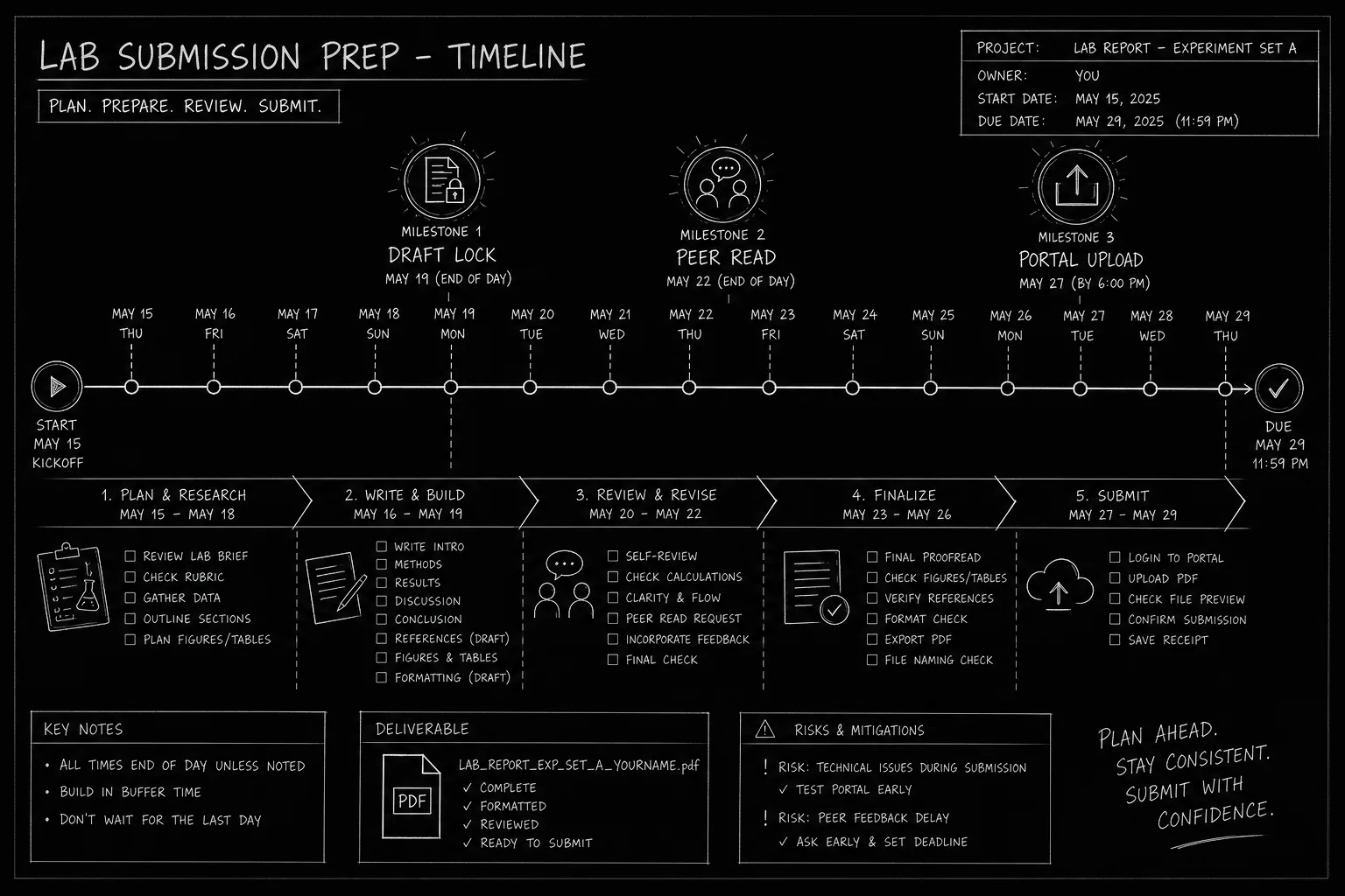 Lab submission timeline with draft lock, peer read, and portal upload milestones; dark mode technical sketch