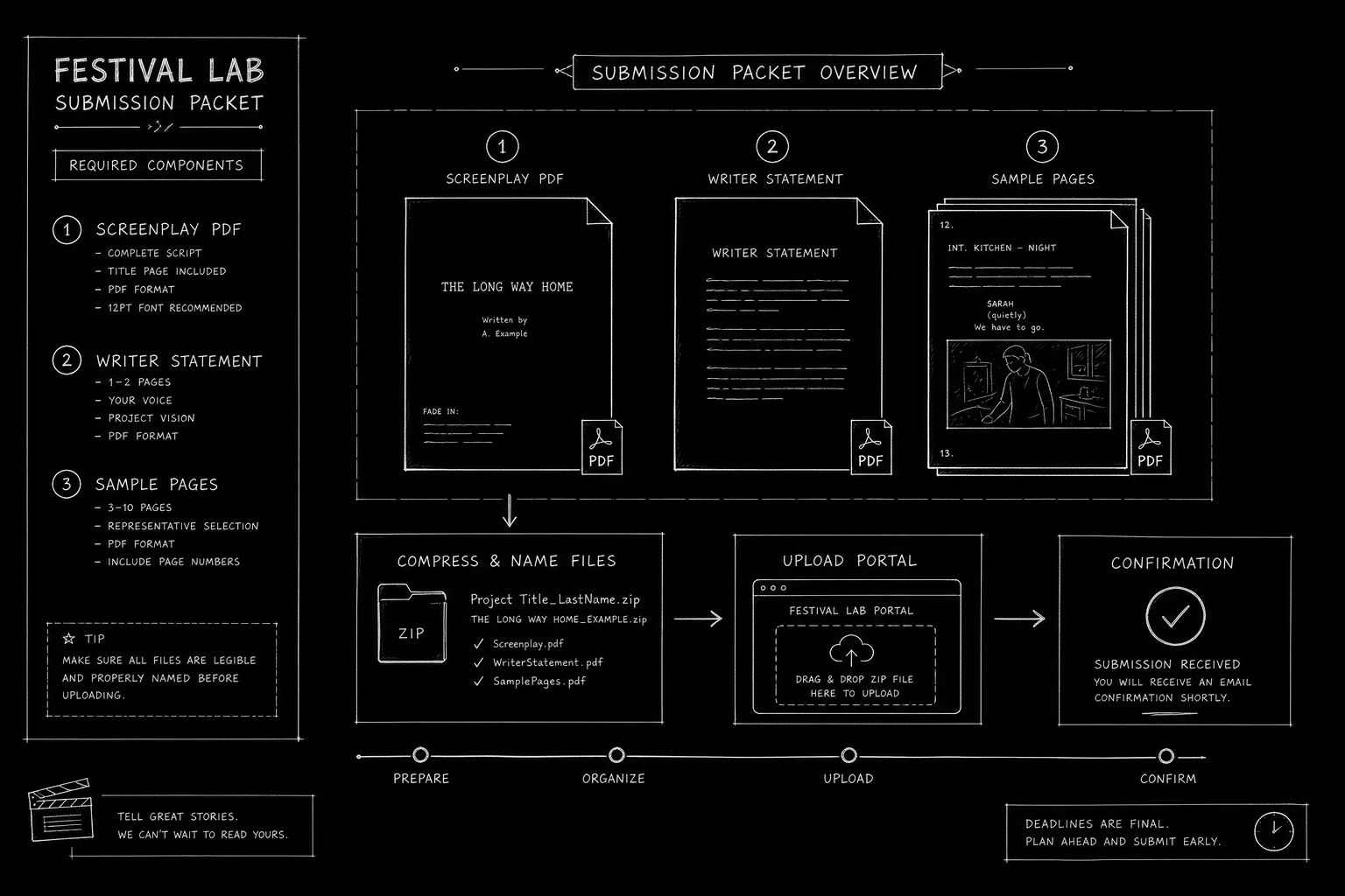 Dark mode technical sketch: Sundance submission packet with script and statement pages, thin white lines on black