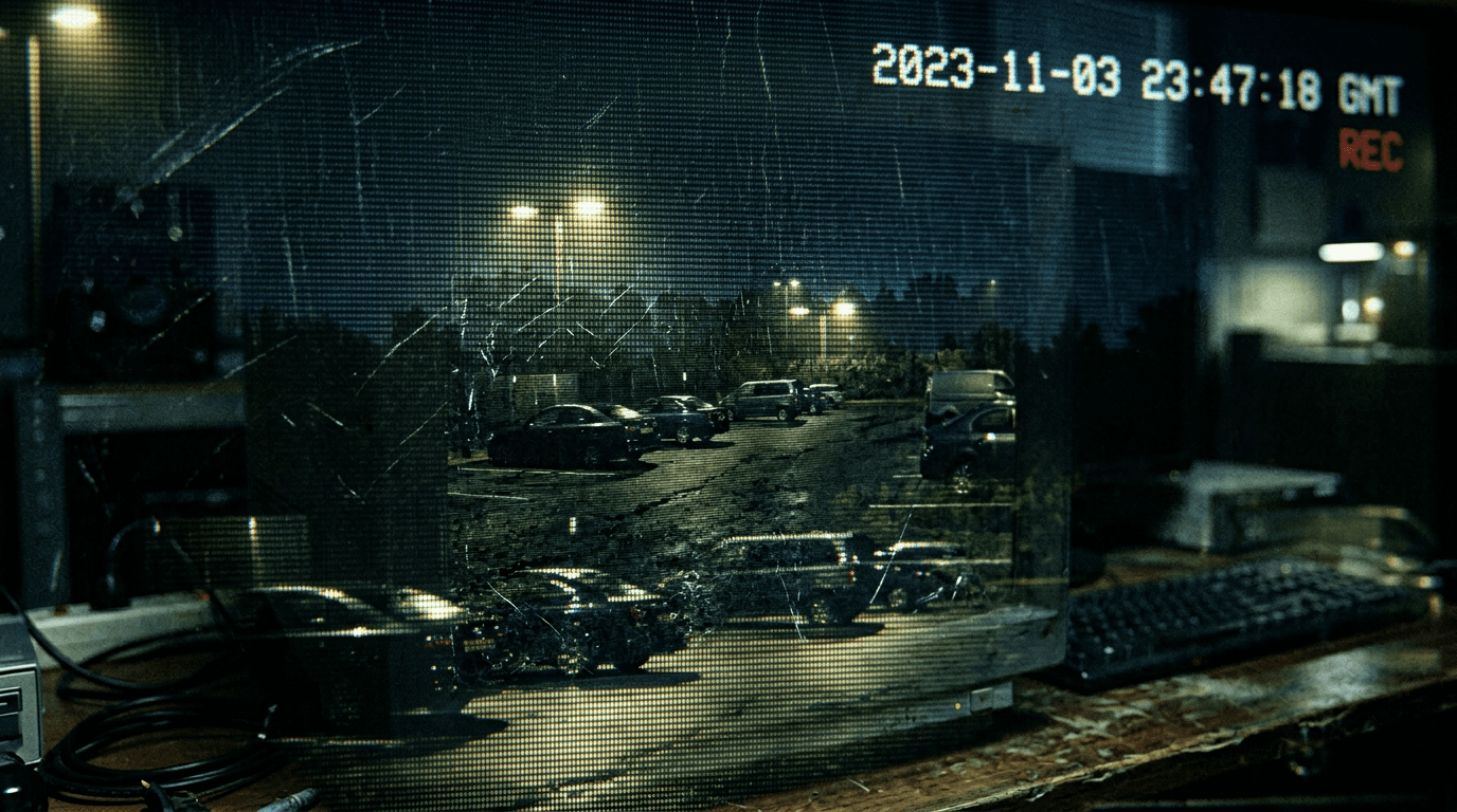 Grainy monitor feed close-up; cinematic film still