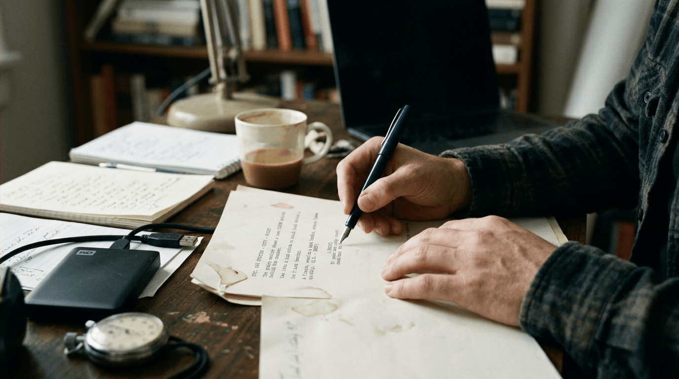 Cinematic workflow still, second angle, 35mm film grain