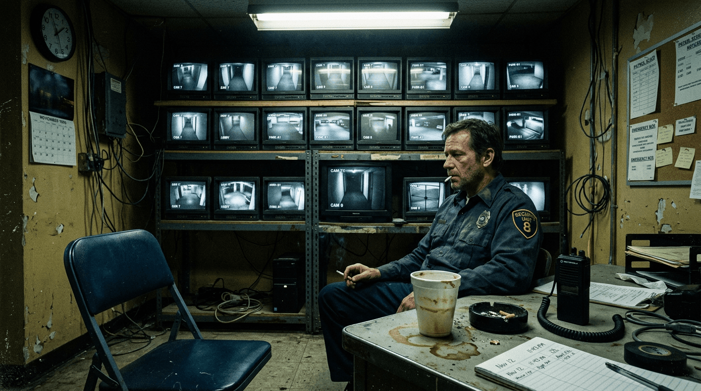 Cinematic 35mm film still: security office with CRT monitor wall