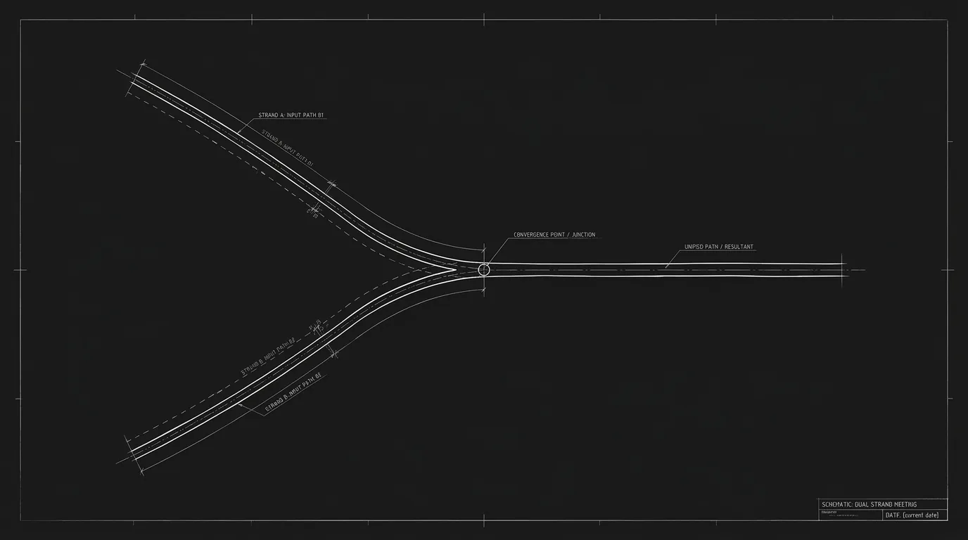 Theme and plot: two strands meeting; dark mode technical sketch